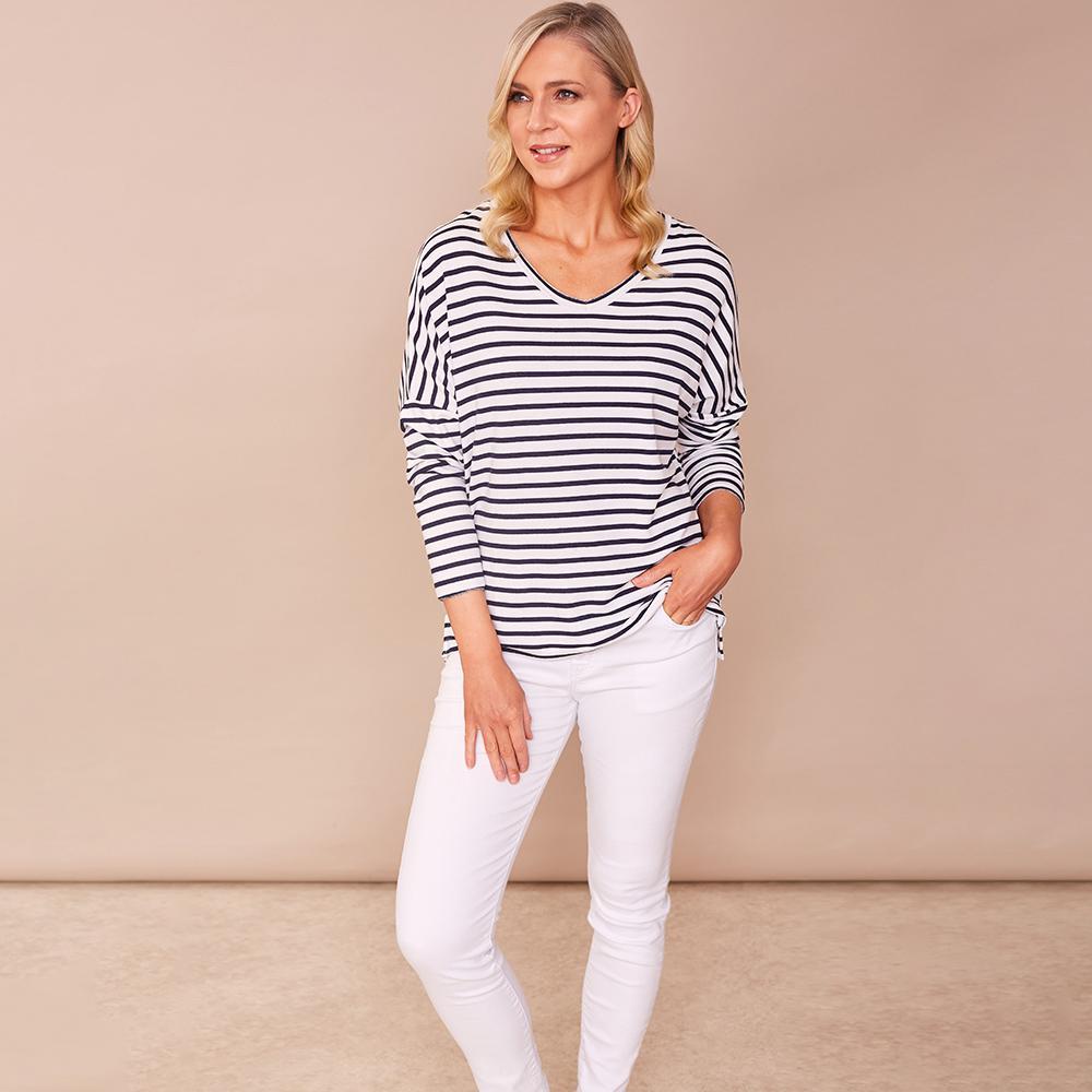 Amy V Neck Stripe Top (White)