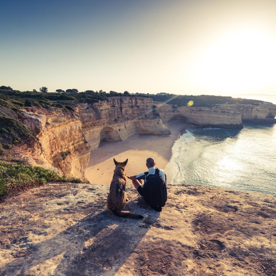 Dog with a man overlooking a canyon and shore