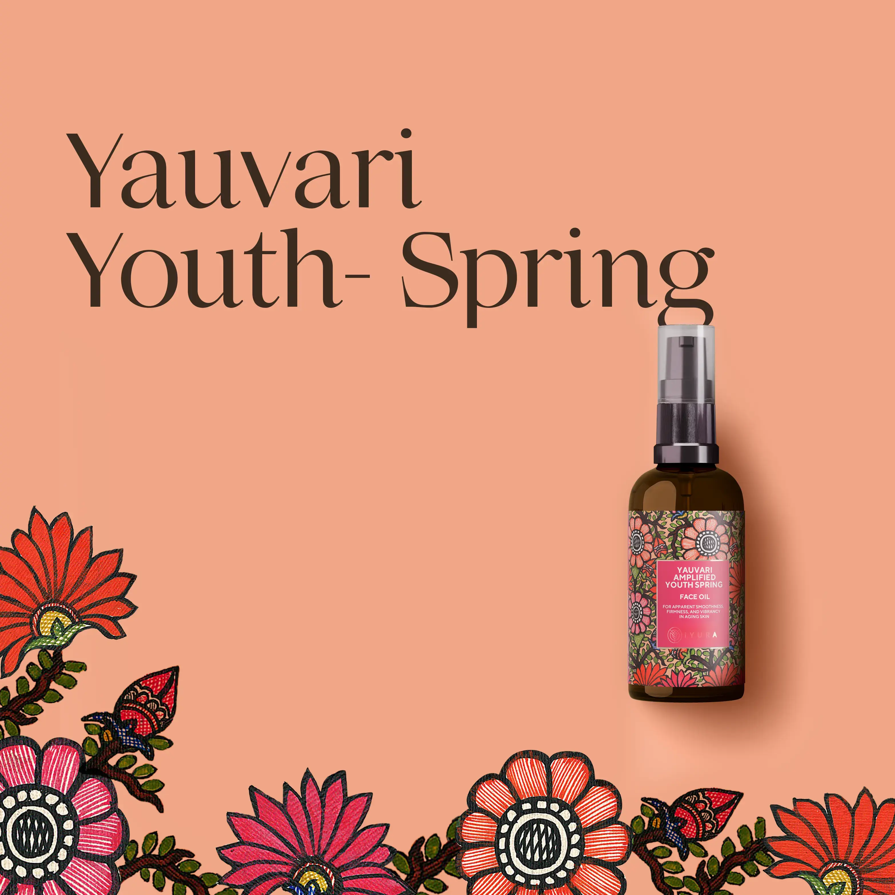 Yauvari Youth Spring serum bottle kept over a pink color background with orange, pink and red color flower artworks at the bottom