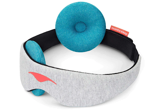 A cooling eye mask with a gray head strap and circular blue eye cups.