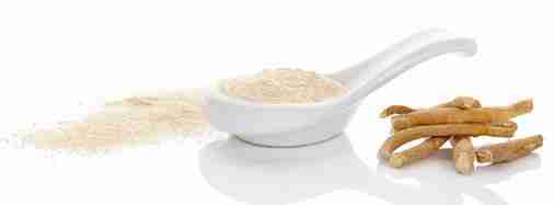 ashwagandha powder in spoon and ashwagandha root