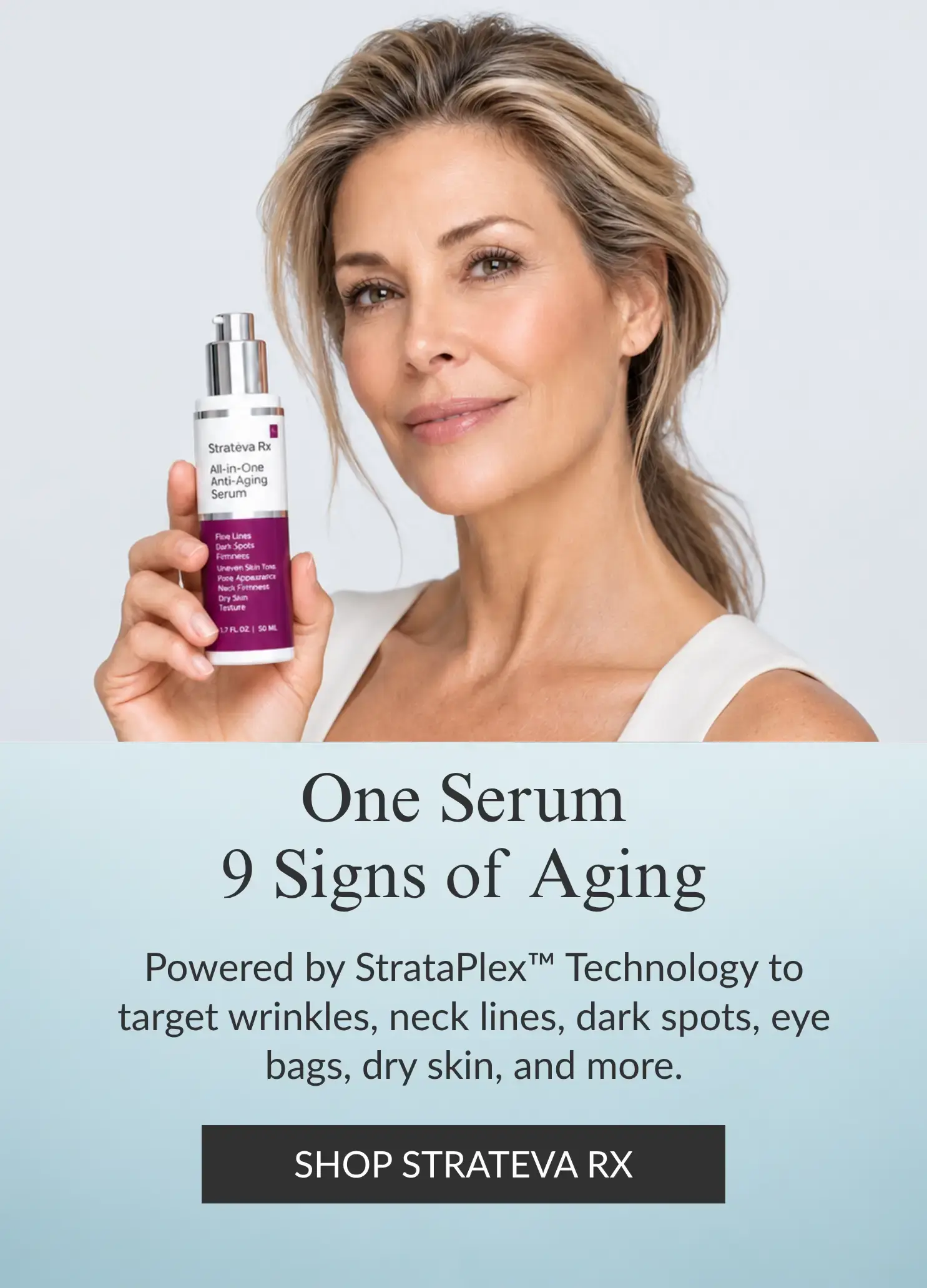 Gorgeous model holding the LeVaye strateva serum bottle with text below stating: Brighter. smoother. Firmer, Vitamin C Beyond Brightening