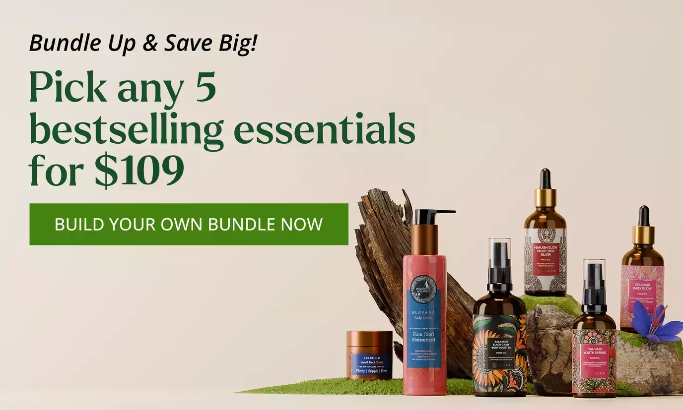 Bundle up and save big | Pick any 5 bestselling essentials for $99 | Mix and match your must-haves for the ultimate Ayurvedic glow. Build your bundle now! Mobile