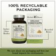 Herbal Roots Organic Cordyceps supplement with recyclable packaging information on a beige background.