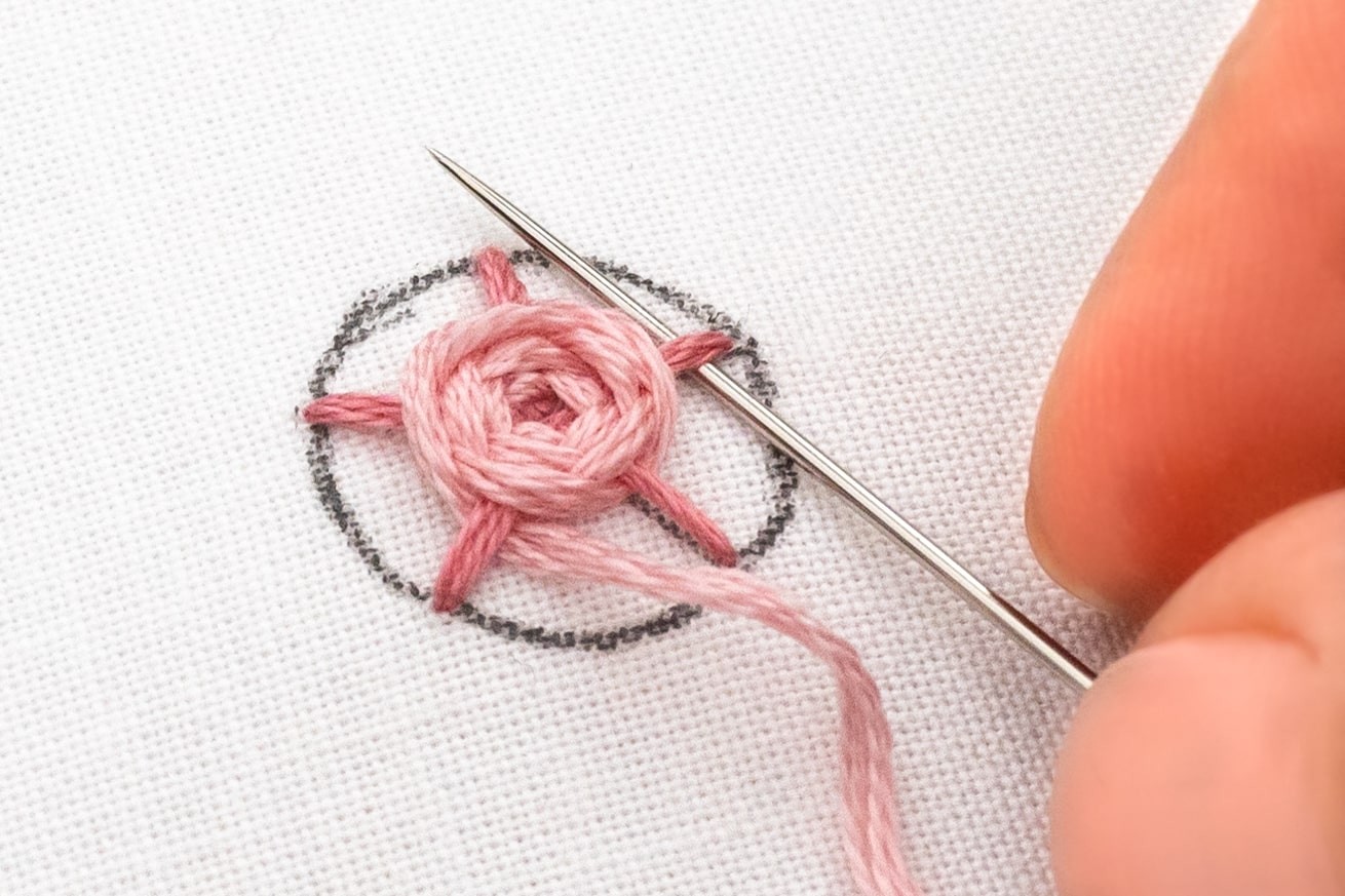 A woven rose is created with embroidery floss.