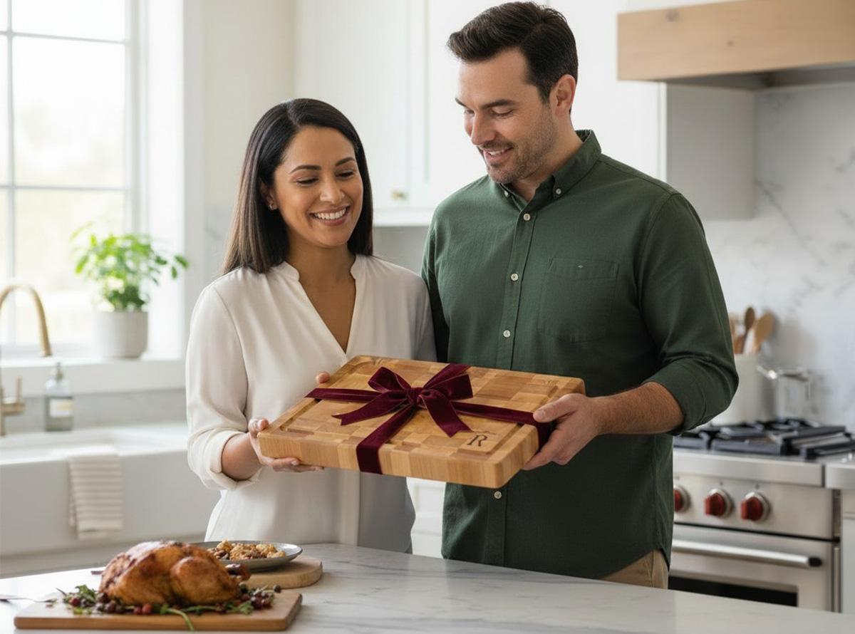 Friends enjoying food served on a live edge walnut charcuterie board as a hostess gift
