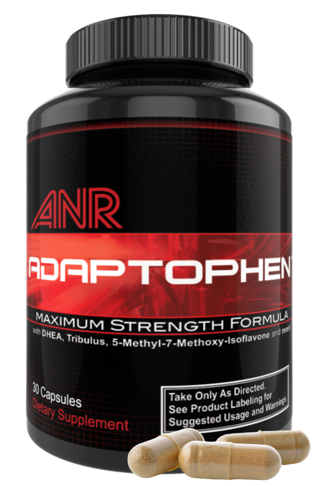 Adaptophen bottle and capsules containing tongkat ali, tribulus, 5-methyl-7-methoxy-isoflavone and ZMA