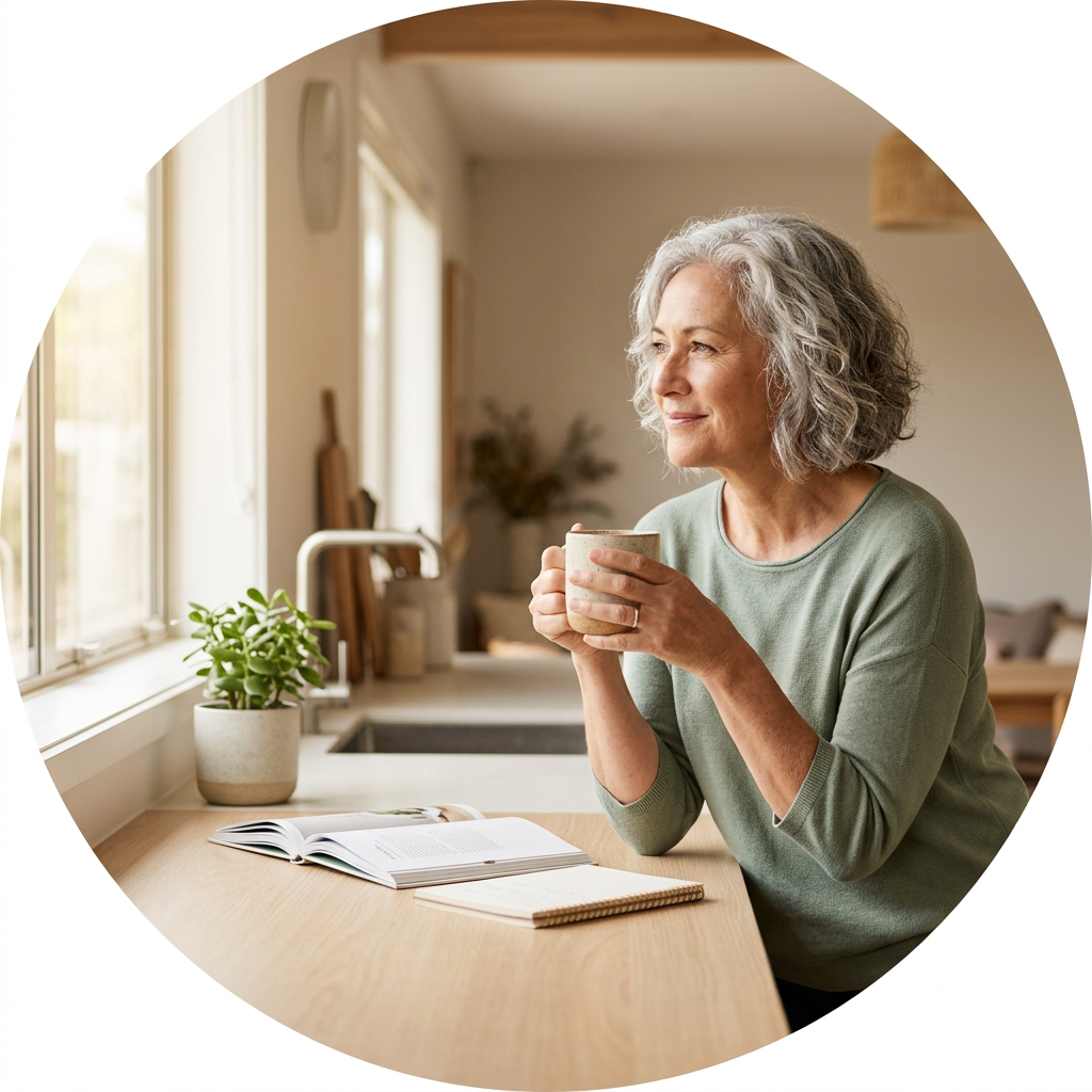 Healthy NZ woman in mid 50s enjoying a sunlit morning at home