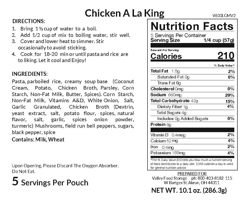 Valley Food Storage Chicken A La King Long Term Food Storage Nutrition Label