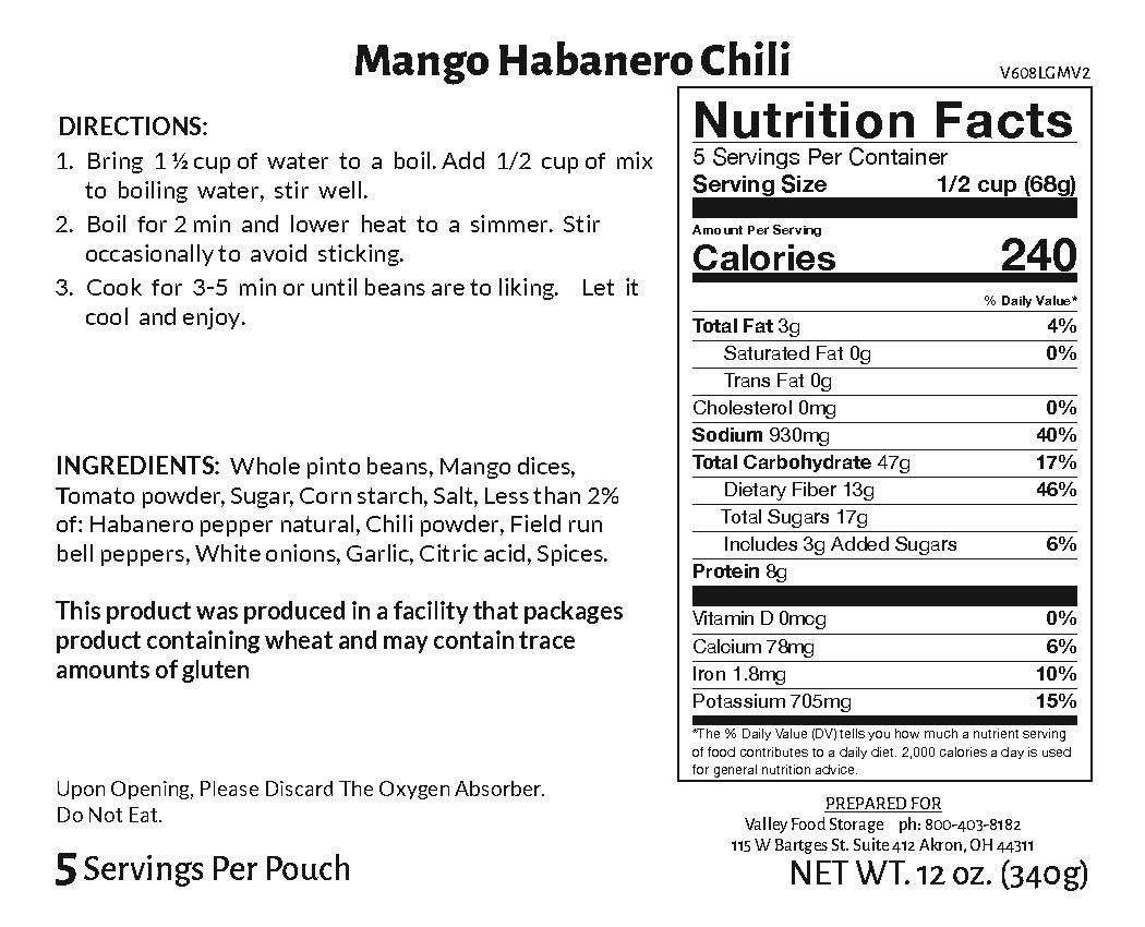 Valley Food Storage Mango Habanero Chili Long Term Food Storage Nutrition Label