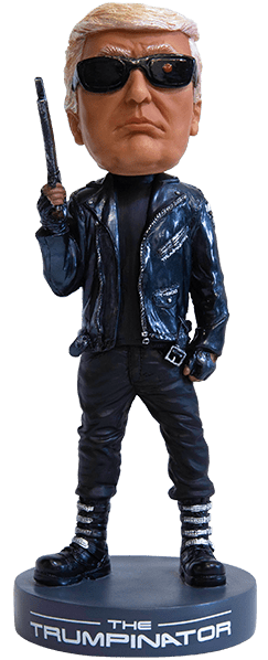 Trumpinator bobblehead featuring a figure in sunglasses and a black leather jacket, holding a gun, on a round base.
