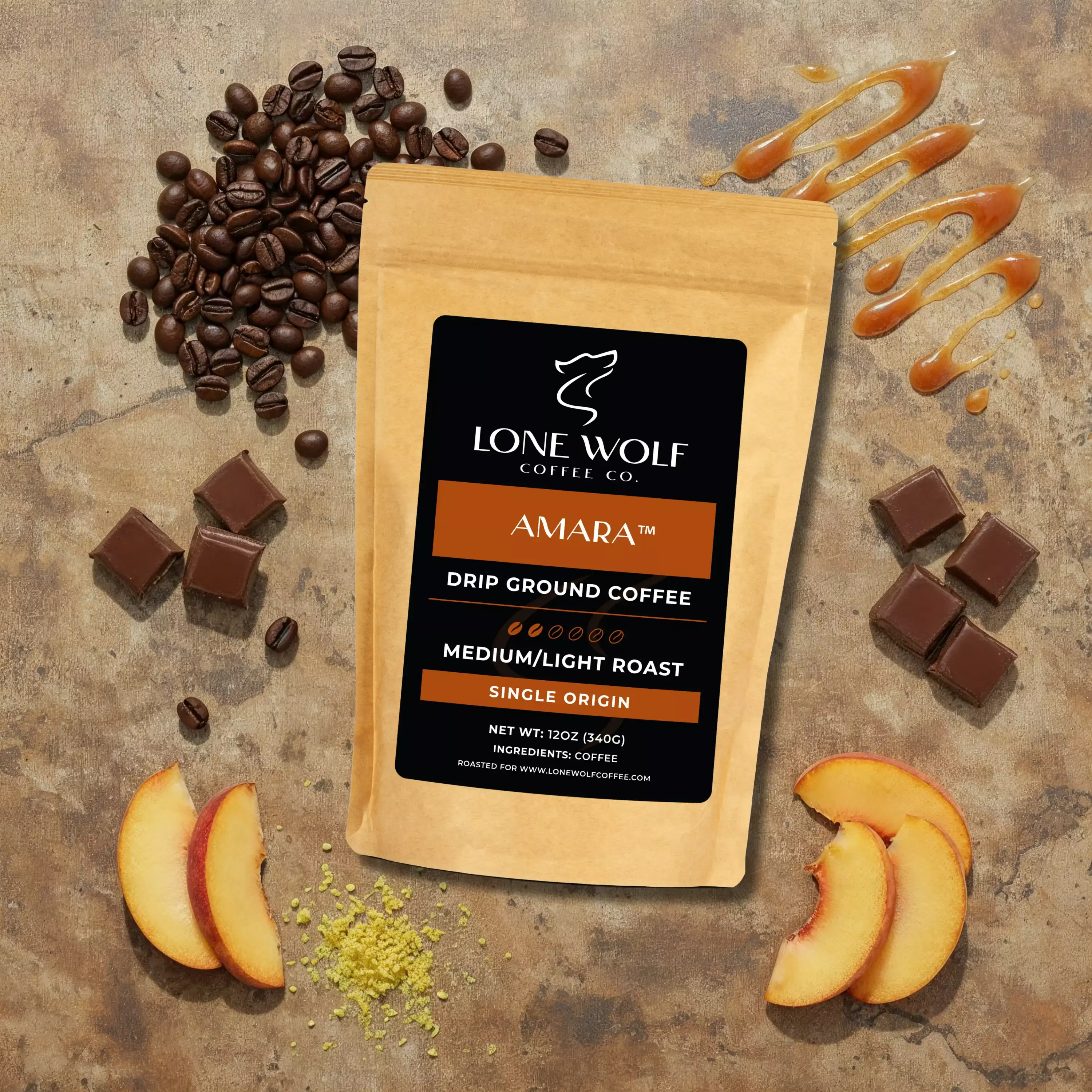 Amara drip ground flavor profile image showing Lone Wolf Coffee with milk chocolate, caramel, stone fruit, and subtle citrus flavors.