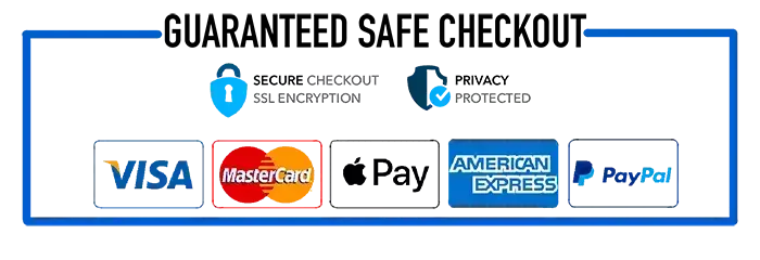 Guaranteed safe checkout badge showing SSL secure checkout, privacy protection, and accepted payment methods: Visa, Mastercard, Apple Pay, American Express and PayPal.