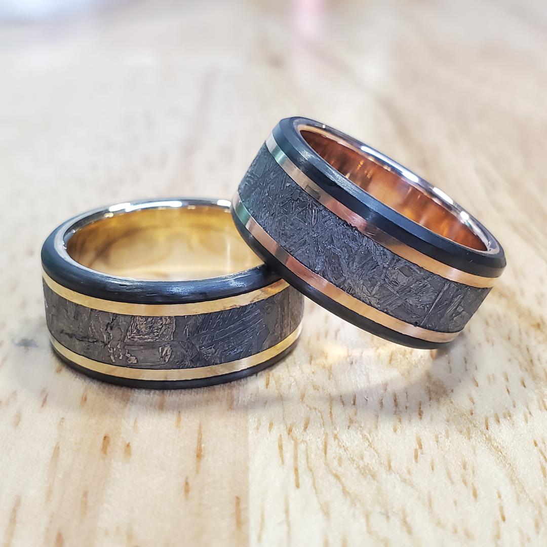 The Meteorite and Carbon Fiber Ring with Gold Liner can be made with either Rose Gold or Yellow Gold