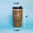 A green dirty dangles rink ready tumbler on a blue background with it's dimensions. 6in tall, 3 1/8in at the top and 2 3/4in at the bottom