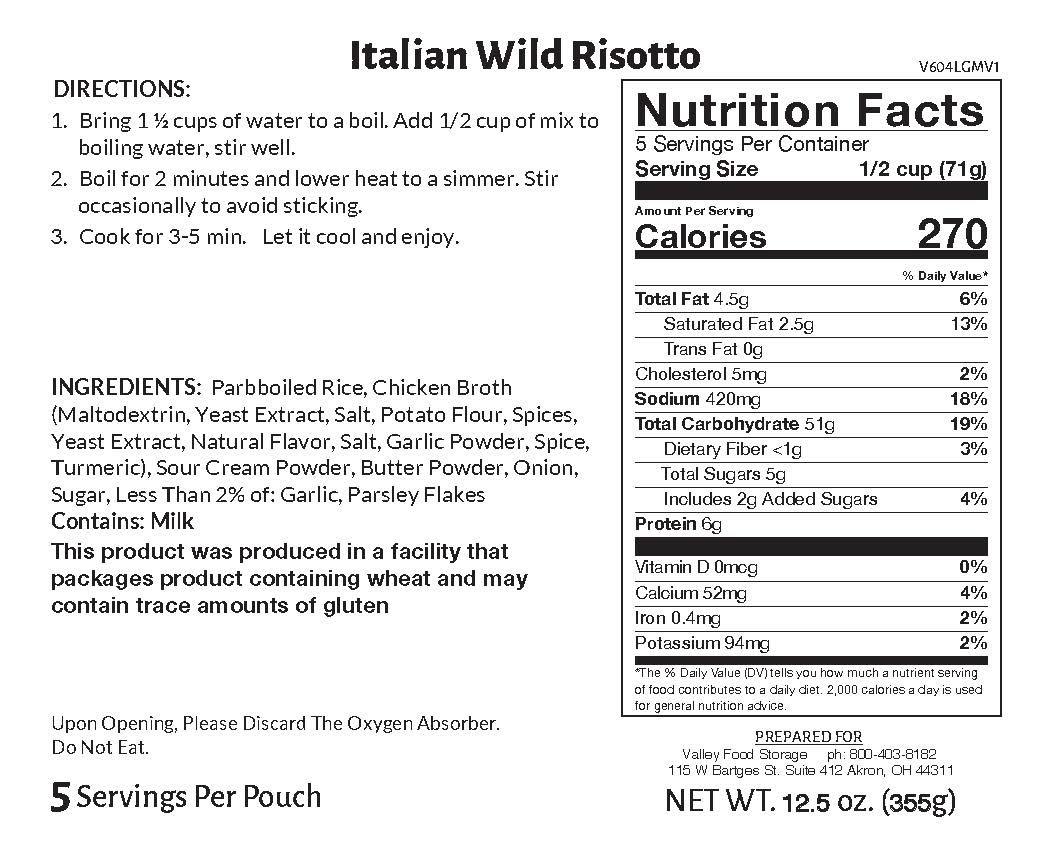 Valley Food Storage Italian Wild Risotto Long Term Food Storage Nutrition Label