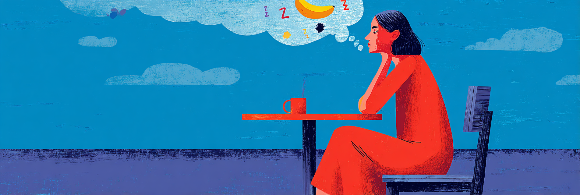 A girl seated at a table, pondering the reasons eating bananas before bed can help sleep.