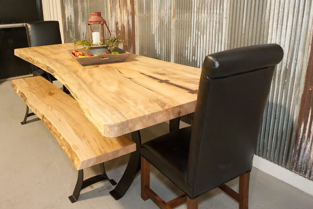 Live Edge Diining Table with Black Epoxy and Golden Gate Steel Base