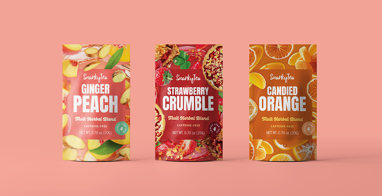 Raspberry Acai, Summer Solstic and Peaches ad Cream herbal tea blends on coral background