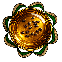 Rice bran and it's oil kept in a glass bowl over an artwork of bright orange flowers