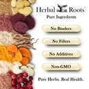 left of the image has herbal powders and their raw herb. The herbs are ginger, beet root, ashwagandha, turmeric, garlic, and cranberry. To the right of the herbs is text that says Pure Ingredients. No Binders, No Filler, No Additives, Non-GMO. Pure Herbs. Real Health.