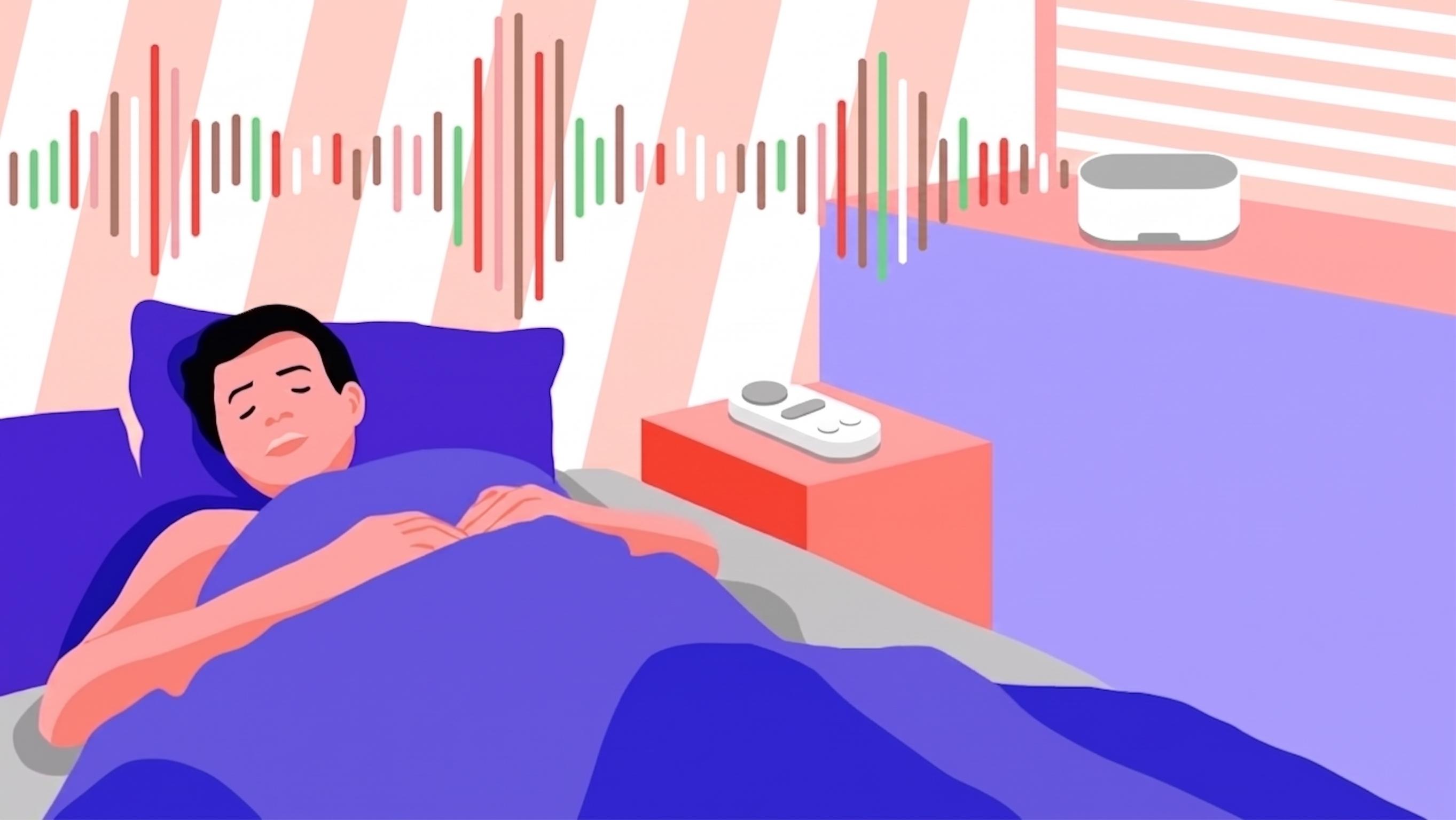 Illustration of different kinds of colored noise shown as white, pink, brown, and green sound bars flowing from a white noise machine to a sleeping man.