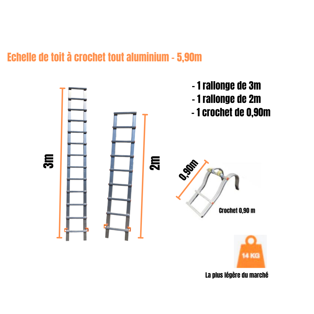 Echelle de toit à crochet - tout aluminium - longueur 5.90 m en 3 morceaux avec crochet amovible pour rangement facile !