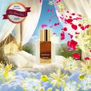 Beaut'Air bottle in a surreal sky with linden blossoms, white curtains and CaFleureBon Best of Scent 2025 badge
