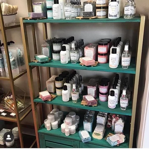 A rack full of soap and beauty products