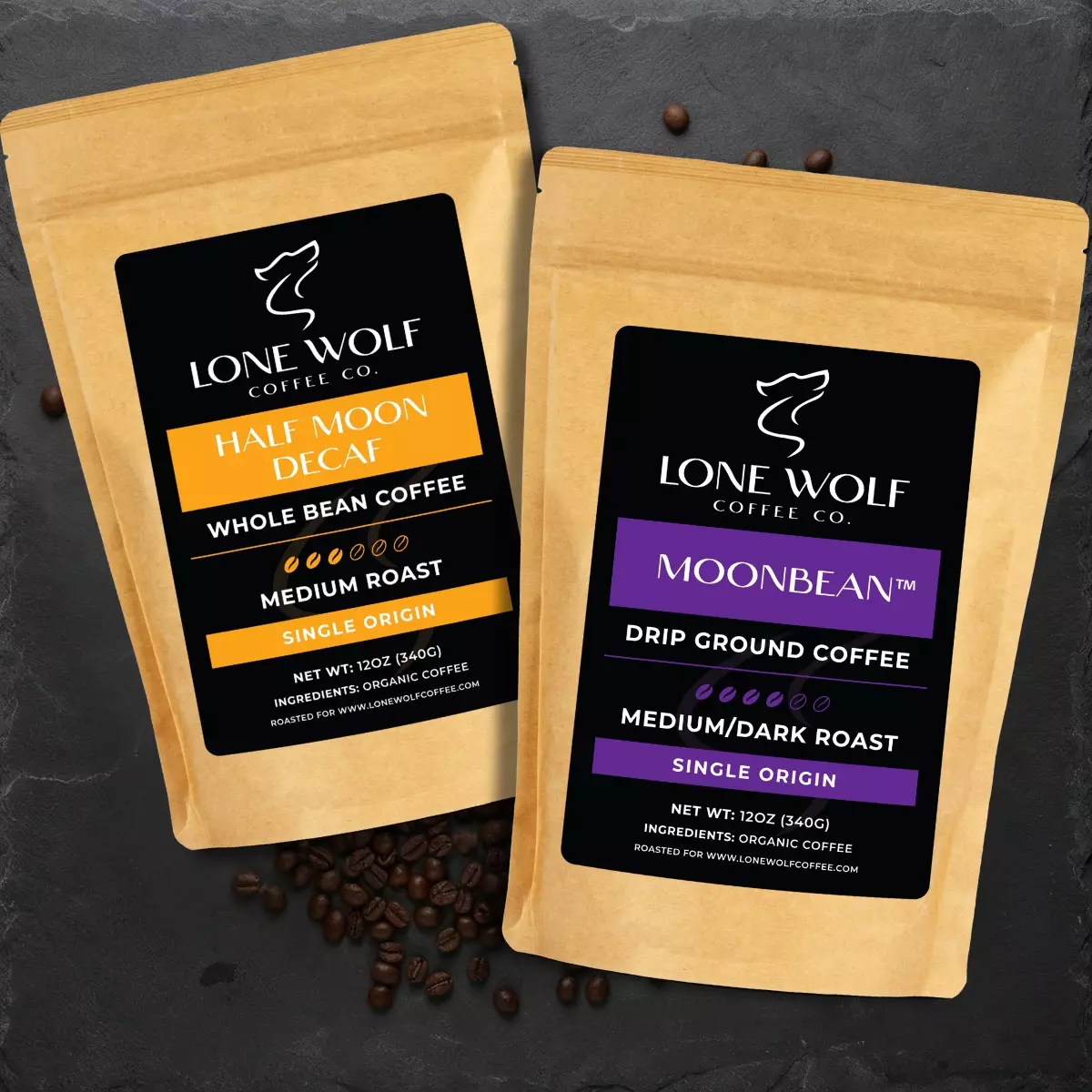 Lone Wolf Coffee Co. whole bean coffee bags on a textured dark background with scattered coffee beans.