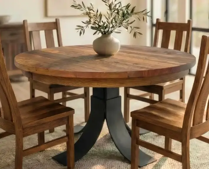 Round Barnwood Table with Steel Pedestal Base