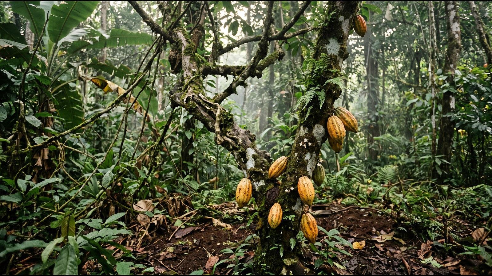 Cacao pods ripening on wild heirloom cacao trees in a tropical forest
