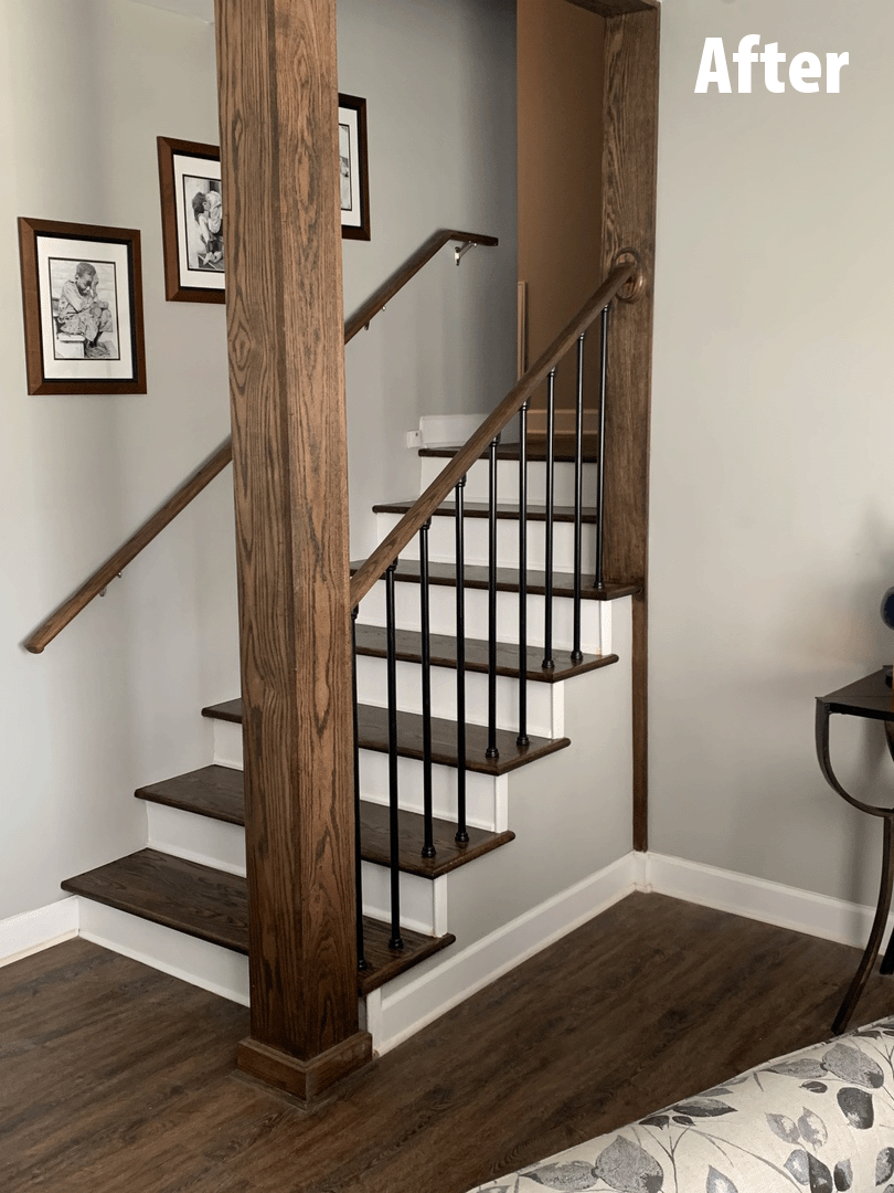 After photo of balusters replaced by black round snap'n lock giving the staircase a more modern look