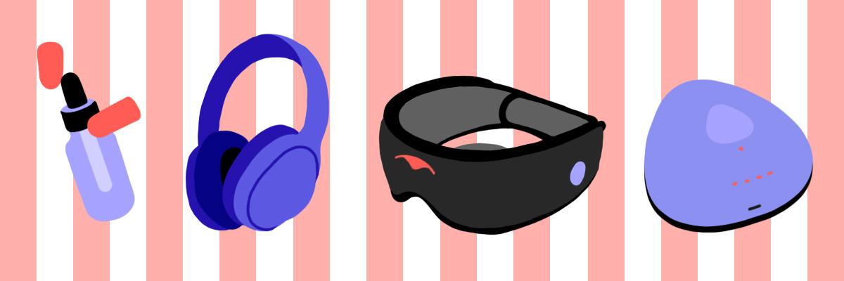 A pair of blue earplugs, noise-canceling headphones, a white noise machine, a black mesh sleep mask with headphones and essential oil.