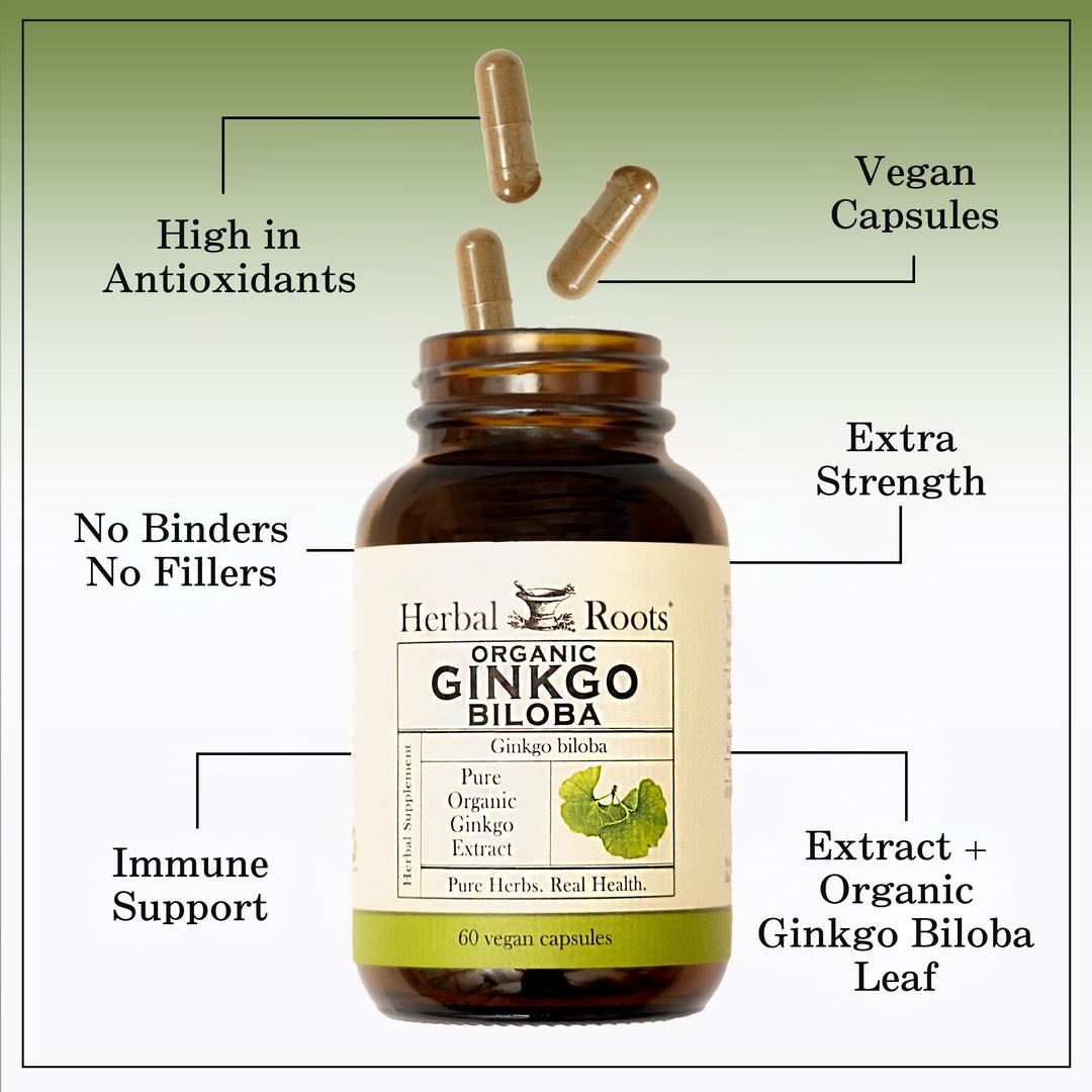 Bottle of Herbal Roots Organic Ginkgo Biloba with three pills spilling out of the top of the bottle. There are several lines pointing to the bottle and the capsules. The lines say High in antioxidants, Vegan Capsules, Extra Strength, No Binders or fillers, Immune Support and Extract plus organic ginkgo biloba leaf.