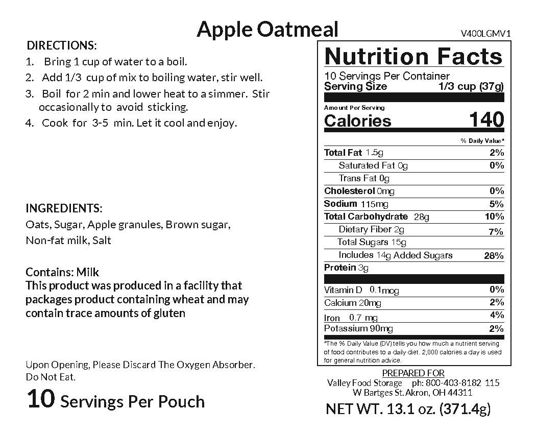 Valley Food Storage Apple Oatmeal Long-Term Storage FoodNutrition Label
