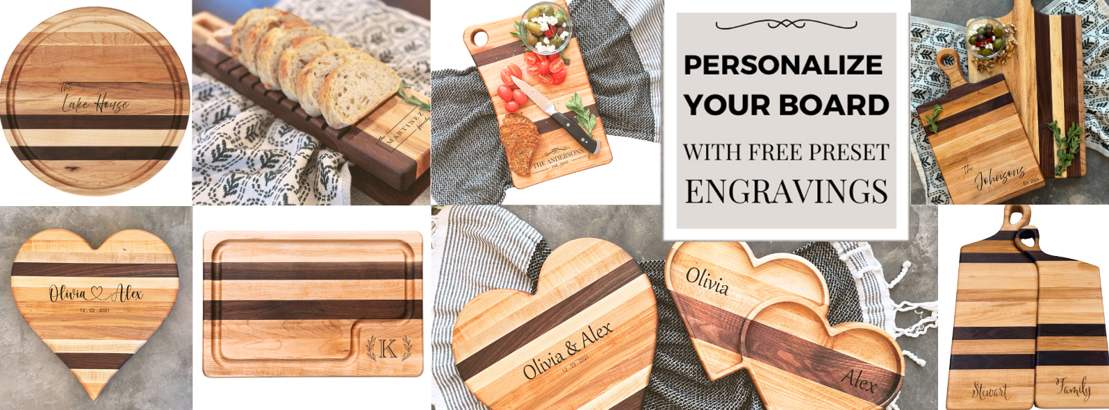 A collage showcasing personalized wooden charcuterie boards, each crafted from walnut and maple. Boards feature custom engravings, food styling with meats, cheeses, and olives, and a promotional callout, Personalize Your Board with Free Preset Engravings.