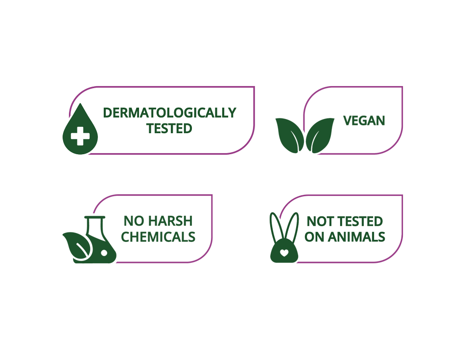 Icons for no added synthetic chemicals, not tested on animals, dermatologically tested, vegan