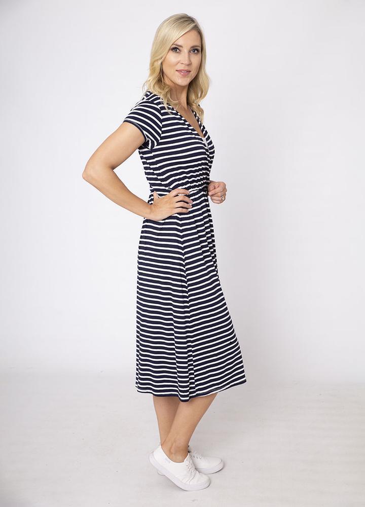 Stripe Cap Sleeve Cross Over Dress