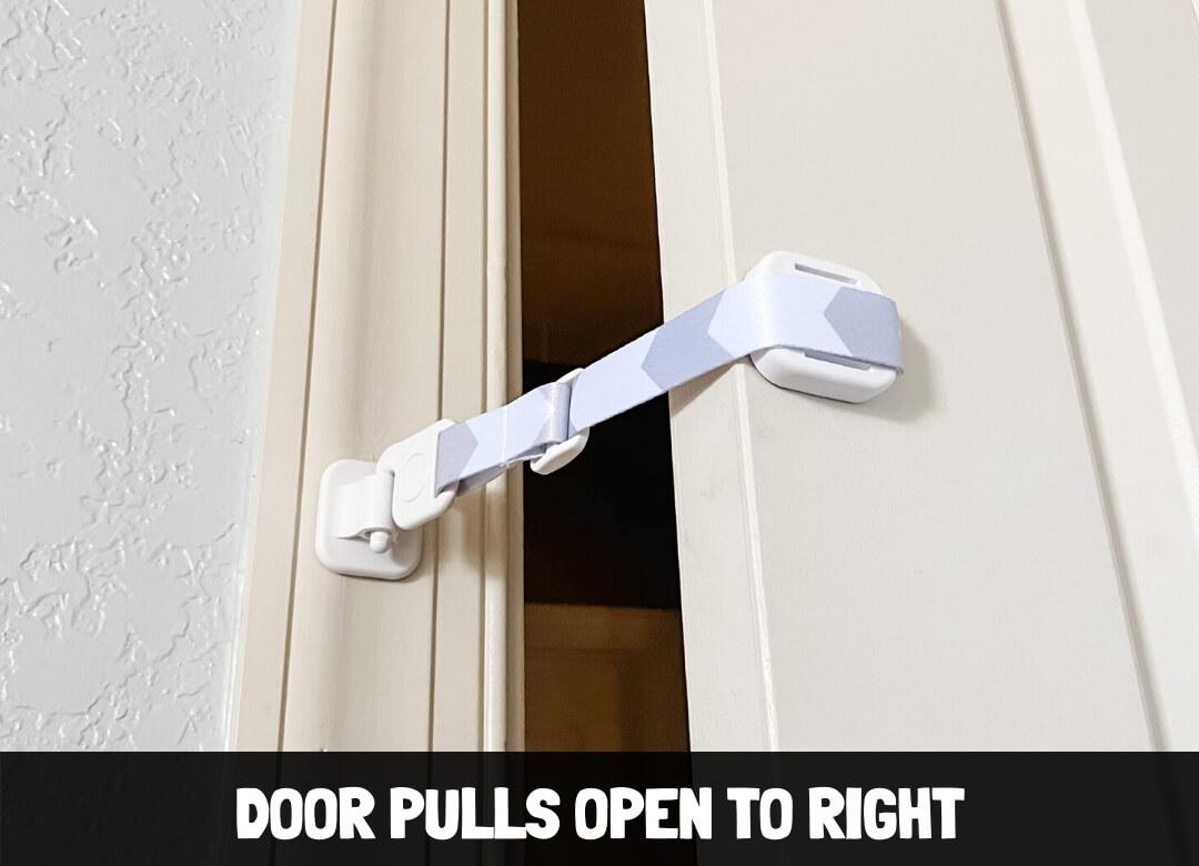 Door Buddy door strap installed on the back of the door and front of the door frame on a door that pulls open to the right to prevent wider opening.