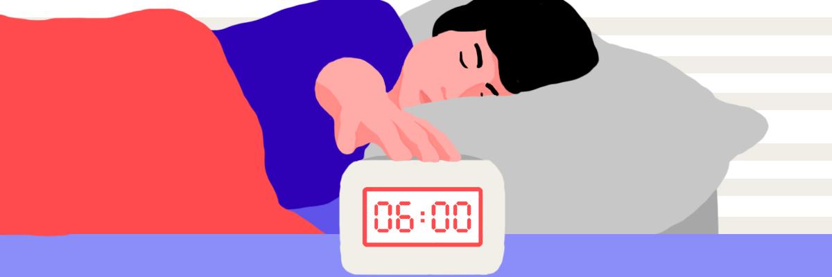 A person in bed unable to wake up early because he is pressing the snooze button on his alarm clock.