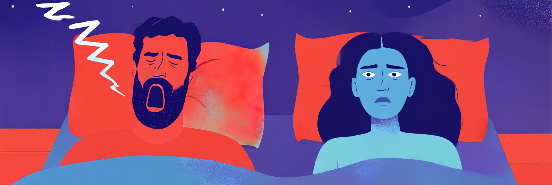 A man is snoring loudly beside his partner, who is wide awake from the noise.
