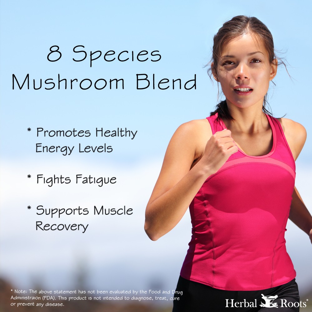 A woman in exercise clothes jogging. The text on the image says 8 Species Mushroom Bend. Promotes Healthy Energy Levels. Fights Fatigue. Supports Muscle Recovery.