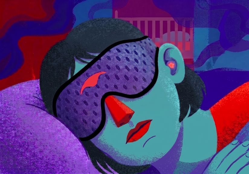 New parent asleep in a Manta PRO mask and earplugs beside a crib — sleep products for new parents.