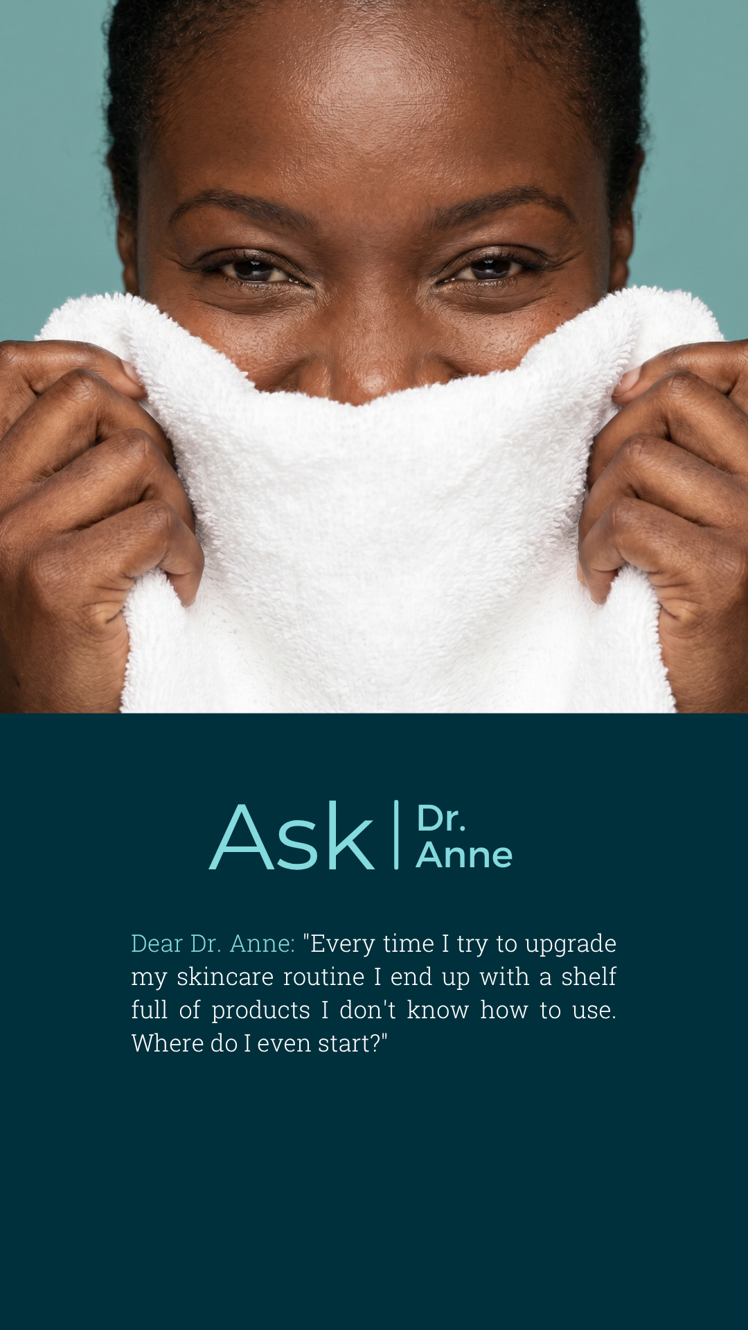 Woman smiling after cleansing — AbsoluteJOI simple skincare routine for mature skin plus customer query: "Every time I try to upgrade my skincare routine I end up with a shelf full of products I don't know how to use. Where do I even start?"
