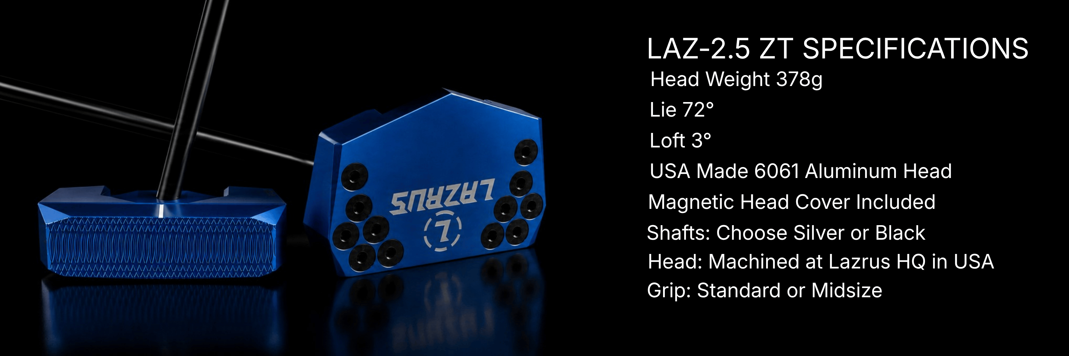 Specifications chart for Lazrus LAZ2.5 zero torque mallet putter including loft, lie, length and head weight