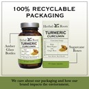 Bottle and box of Herbal Roots turmeric curcumin next to each other. Under the bottle and box says We care about our packaging and how our brand impacts the environment. There is a line coming from the left of the bottle that says Amber glass bottles. There is a line coming from the left of the box that says sugarcane boxes.