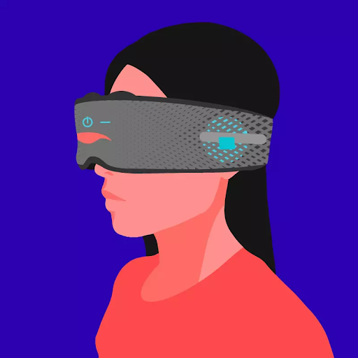 A girl wearing a gray sleep mask with headphones.