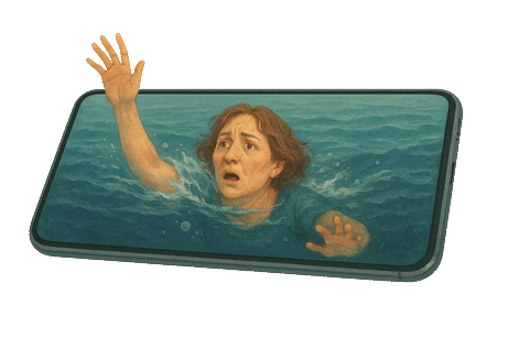 Illustration of a lady drowning in phone