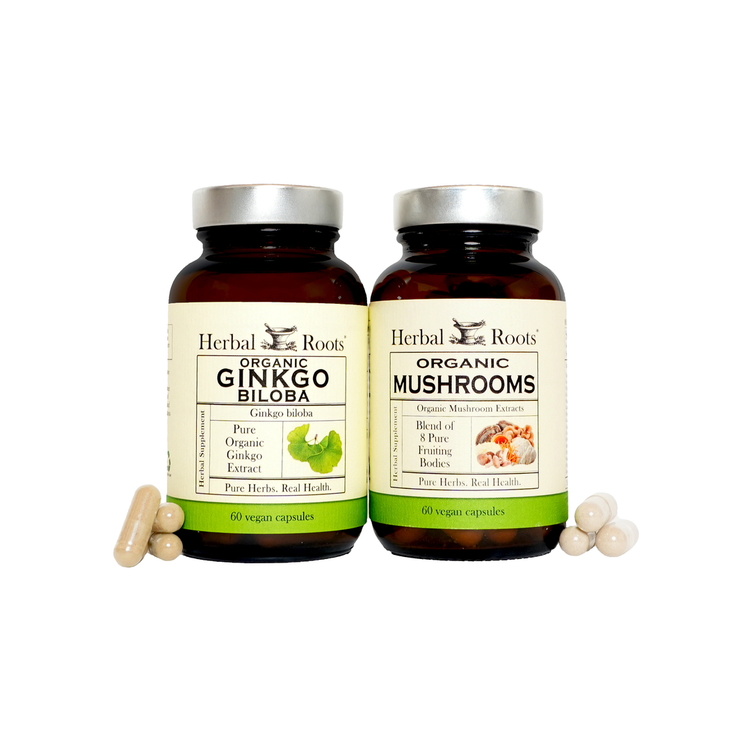 Bottle of Herbal Roots organic ginkgo biloba and organic mushrooms.